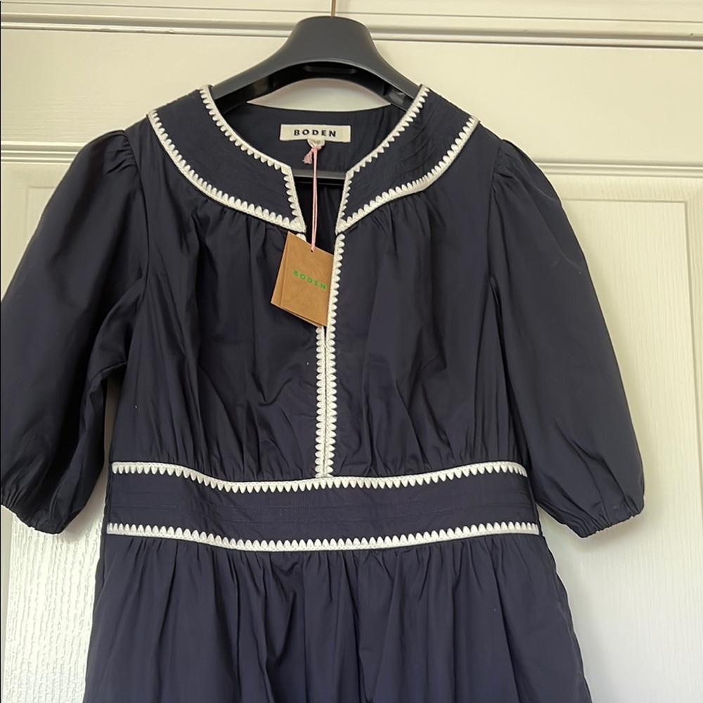 Boden Rhea Blue Dress with Ivory Embroidered Accents NWT